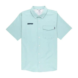 Light green short-sleeve button down shirt with a pocket and navy maverick logo.