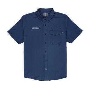 Navy blue short-sleeve button down shirt with a pocket and the maverick logo in white on the right chest.