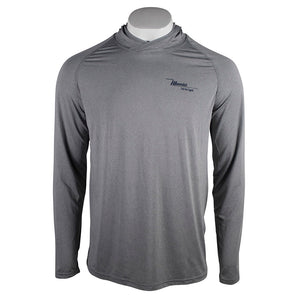 Gray hooded long-sleeve shirt with a maverick logo on the left chest. 