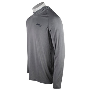 Side of a gray long-sleeve hooded shirt with a small maverick logo on the chest. 
