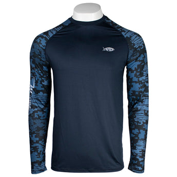 Men's long sleeve fishing shirt in dark blue with light blue digital camouflage patterned sleeves and the aftco logo in white on the left chest. 