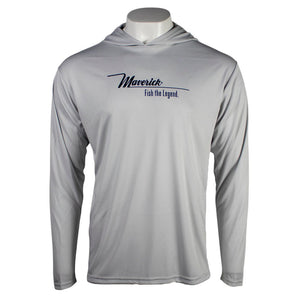 Light gray long sleeve hoodie with a logo that reads 'Maverick: Fish the Legend.'