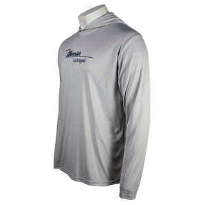 Gray long-sleeve hoodie with a maverick logo on the chest.