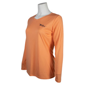 Side of an orange performance long sleeve with a navy maverick logo on the left chest. 