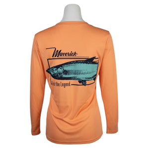Back of a bright orange performance long sleeve with a maverick logo and blue fish graphic.