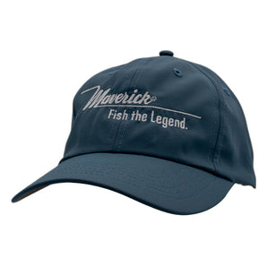 Navy blue baseball cap with 'Maverick' and 'Fish the Legend' embroidered on it