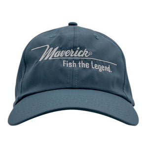 Blue cap featuring the logo 'Maverick' and the phrase 'Fish the Legend'.