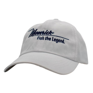 White baseball cap with 'Maverick Fish the Legend' embroidered in blue across the front.