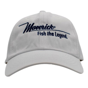 White baseball cap with 'Maverick' and 'Fish the Legend' embroidered in navy blue.
