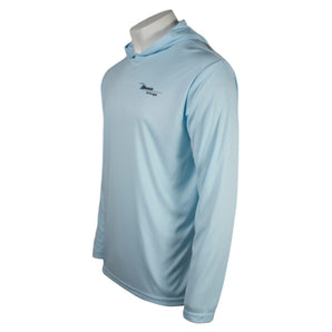 Side of a light blue long sleeve hoodie with a maverick logo on the left chest.