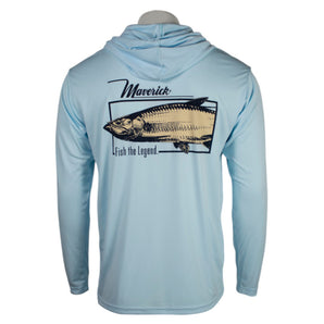 Back of a light blue performance hoodie with a fish graphic and the maverick logo across the back. 