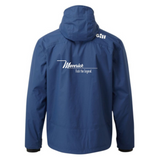 Back of a navy-blue jacket with the maverick logo in white across it. 