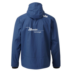 Back of a navy-blue jacket with the maverick logo in white across it. 