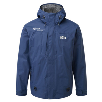 Front of a navy-blue jacket with white maverick and gill logos on the chest. 