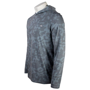 Side of a grey camo hooded long sleeve with an AFTCO logo tag on the chest. 