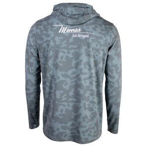 Back of a grey camo hooded long sleeve with a white Maverick logo on the shoulder blades. 