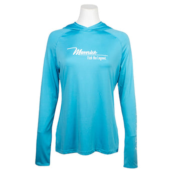 Light blue long-sleeve hooded shirt with a white maverick logo text on the chest.