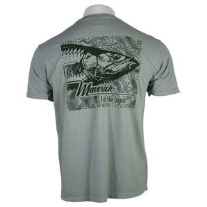 Back view of a gray t-shirt featuring a graphic design with a fish and the word 'Maverick'.
