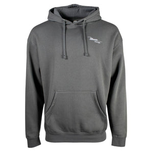 Gray hoodie with a front pocket and drawstring hood, printed with the maverick logo on the chest. 