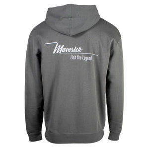 Gray hoodie with 'Maverick Fish the Legend' text on the back.