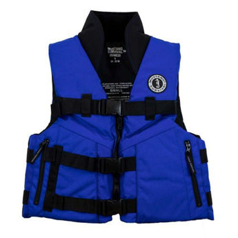 Blue life jacket with black straps and a collar, with the mustang logo on the left chest. 
