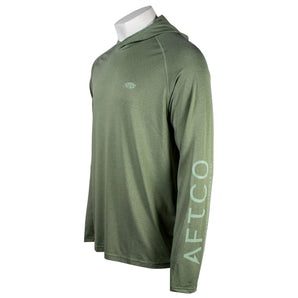 Side of an olive green hooded long sleeve with a light green AFTCO logo on the sleeve.