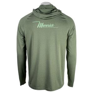 Back of an olive green hooded long sleeve with a light green Maverick logo across the shoulder blades. 