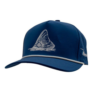 Blue baseball cap with an embroidered design of a fishtail on the front. 