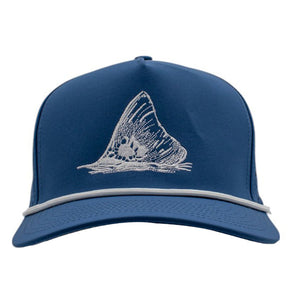 Blue baseball cap with a white rope across the front and a fishtail design embroidered on it. 