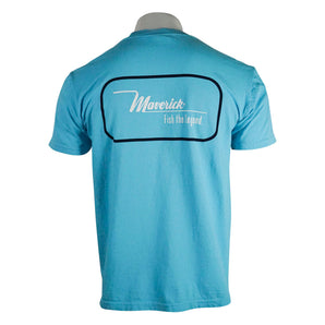 Light blue t-shirt featuring the text 'Maverick' and 'fish the legend' on the back.