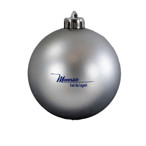 Silver Christmas ornament with a blue maverick logo.