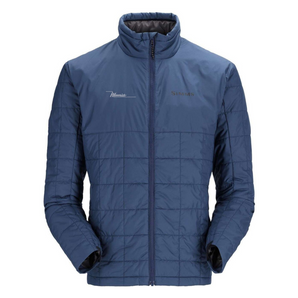 Navy blue insulated jacket with a zip and stand-up collar