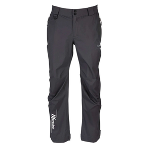 Front of a pair of grey rain pants with the maverick logo on the right shin.