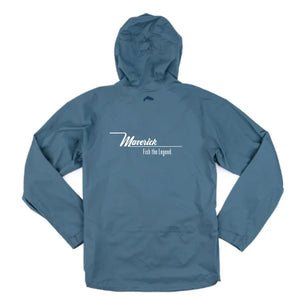 Back of a slate blue rain jacket with the maverick logo in white printed across it.