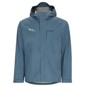 Front of a slate blue rain jacket with the maverick logo in white printed on the right chest. 