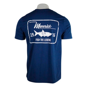 back of a blue t-shirt featuring a fishing design with the text 'Maverick 1916 Fish the Legend' on the back in white.