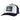 White and navy baseball cap with a grey patch on the front containing a fish graphic and maverick logo.