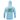 Back of a light blue hooded long sleeve with a green and orange design, featuring three fish jumping in front of trees, with a fishing lure above them. 