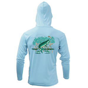 Back of a light blue hooded long sleeve with a green and orange design, featuring three fish jumping in front of trees, with a fishing lure above them. 