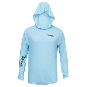 Front of a light blue hooded long sleeve with green maverick logos on the left chest and right sleeve.