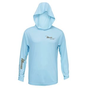 Front of a light blue hooded long sleeve with brown maverick logos on the left chest and right sleeve. 