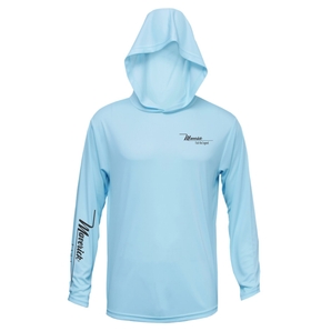 Front of a light blue hooded long sleeve with grey maverick logos on the left chest and right sleeve.