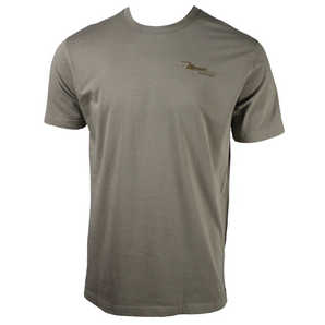 Front of a light brown t-shirt with a brown maverick logo on the left chest. 