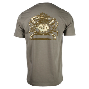 Back of a light brown t-shirt with a crab illustration on the back in brown and beige. 