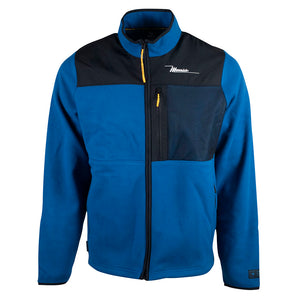 Blue and black zip-up fleece jacket with a high collar and chest pocket, featuring the maverick logo in white above the pocket. 