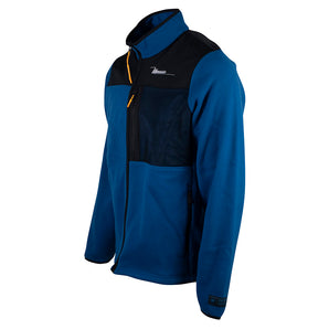 Side of a blue and black zip-up fleece jacket with a white maverick logo on the chest. 