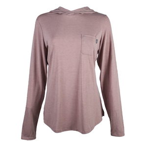 Light pink long-sleeve hoodie with a front chest pocket
