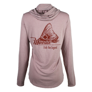 Back of a pink long-sleeve shirt with a hood, featuring a graphic of a fishtail and the text 'Maverick Fish the Legend.'