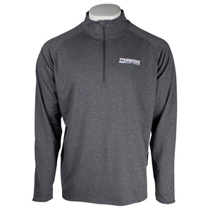 Gray long-sleeve quarter-zip pullover sweatshirt with the maverick logo in white embroidered on the left chest. 