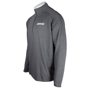 Side of a gray long-sleeve quarter-zip pullover with the maverick logo in white.